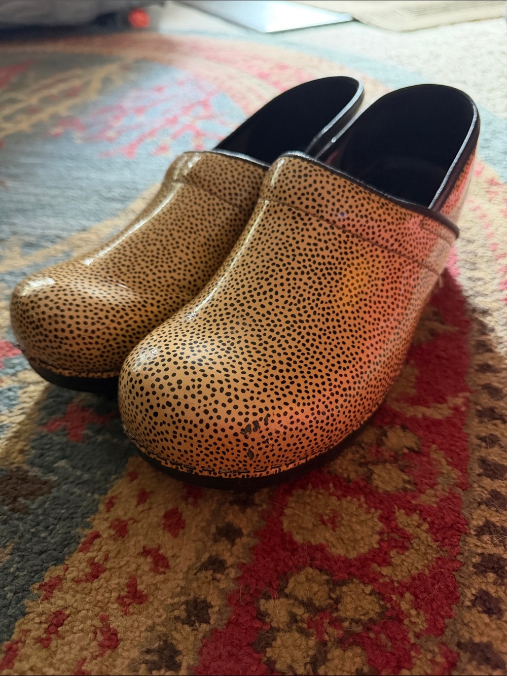 Sanita Tan Spotted Leather Clogs with Black Trim - Picture 7 of 7
